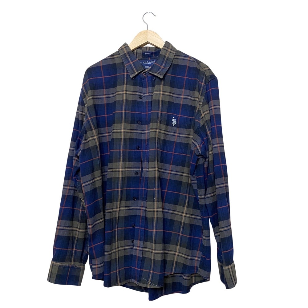 US Polo Assn Mens‎ 2XL Plaid Flannel Shirt Blue Green Long Sleeve Button Up